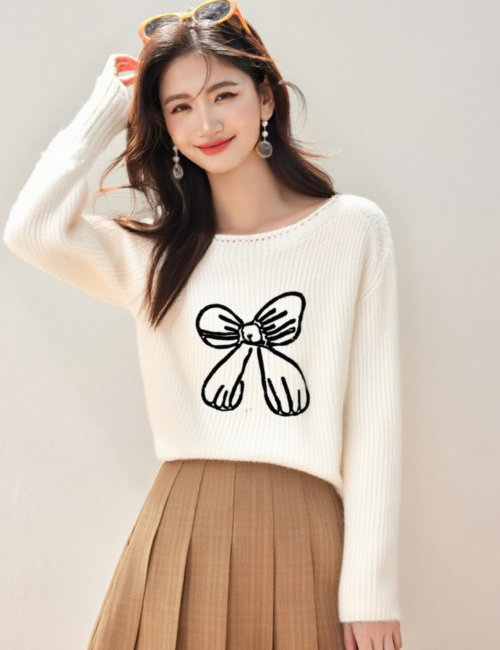 Wear embroidery all-match loose bow long sleeve sweater