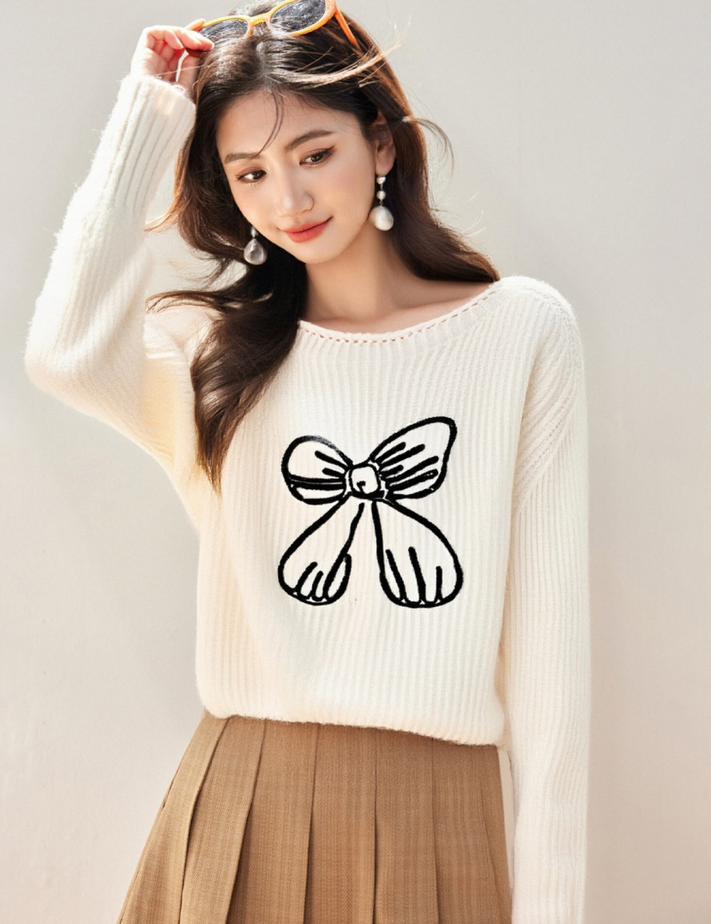 Wear embroidery all-match loose bow long sleeve sweater