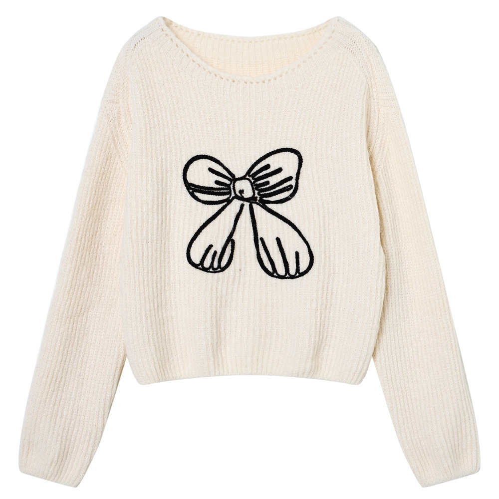 Wear embroidery all-match loose bow long sleeve sweater