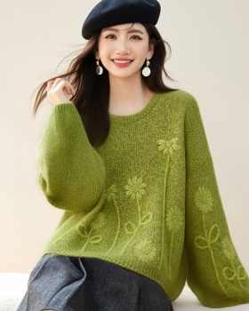Knitted hook flower tops stereoscopic green sweater for women