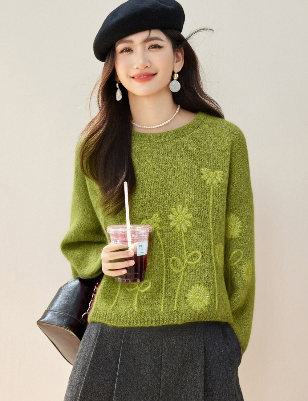 Knitted hook flower tops stereoscopic green sweater for women