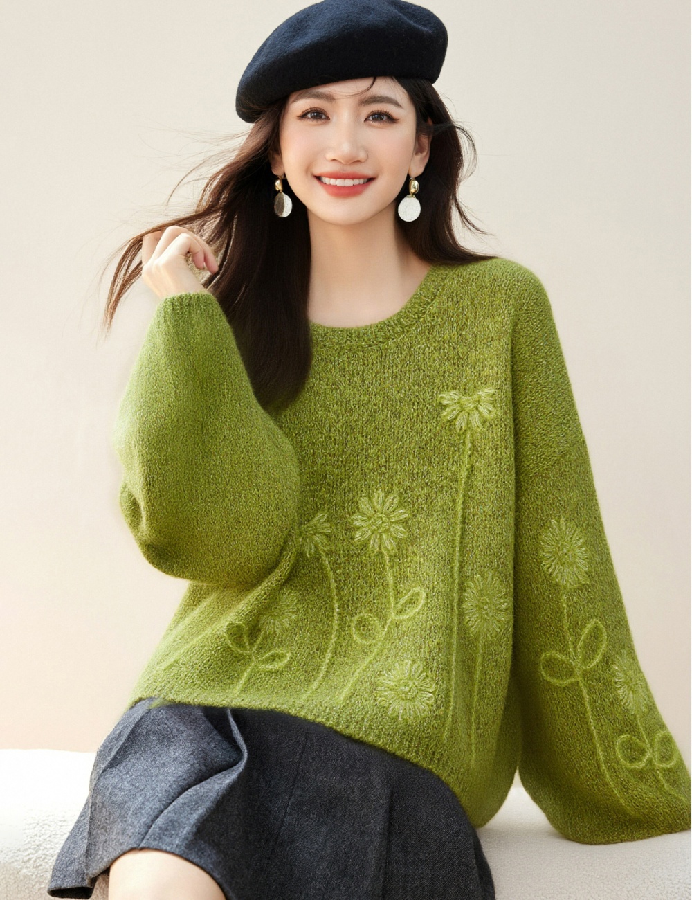 Knitted hook flower tops stereoscopic green sweater for women