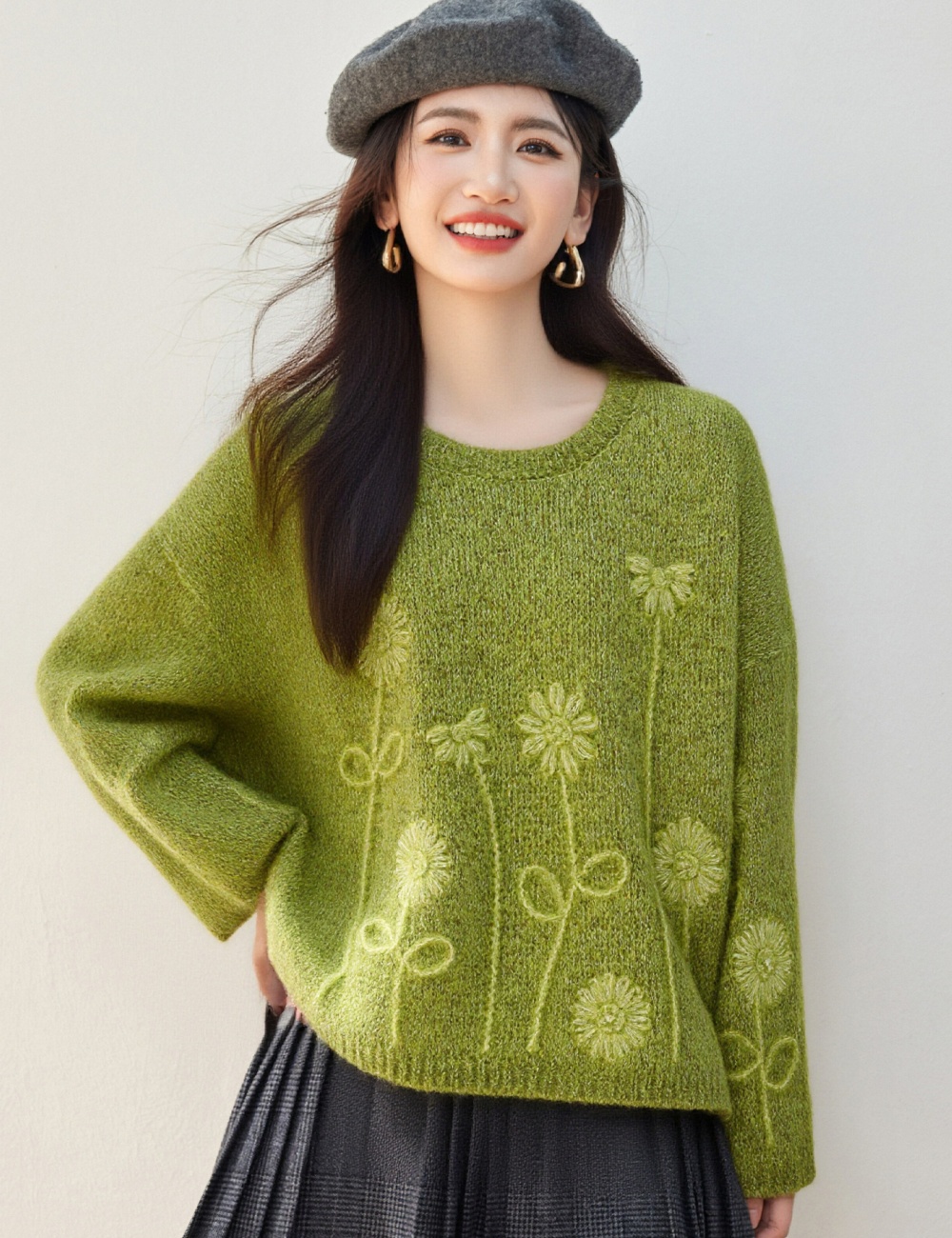 Knitted hook flower tops stereoscopic green sweater for women