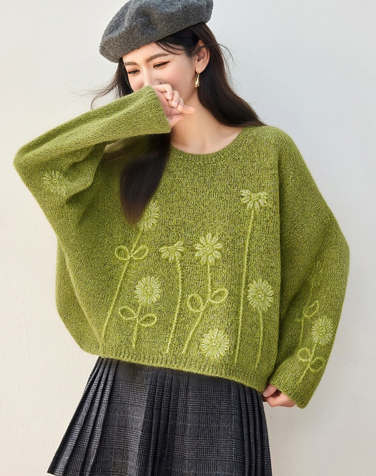 Knitted hook flower tops stereoscopic green sweater for women