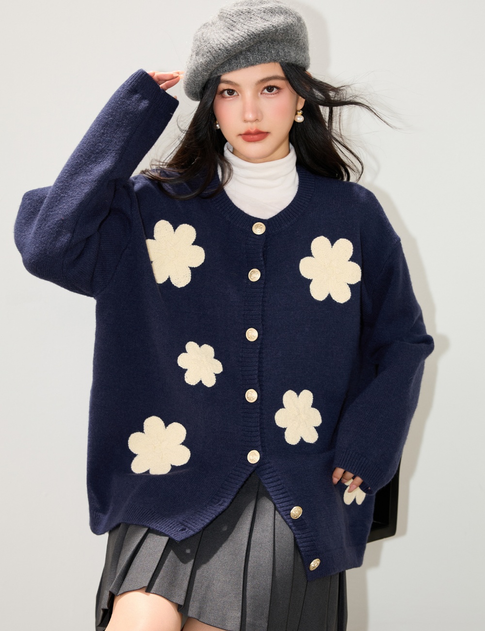 Loose lazy Casual cardigan autumn flowers sweater