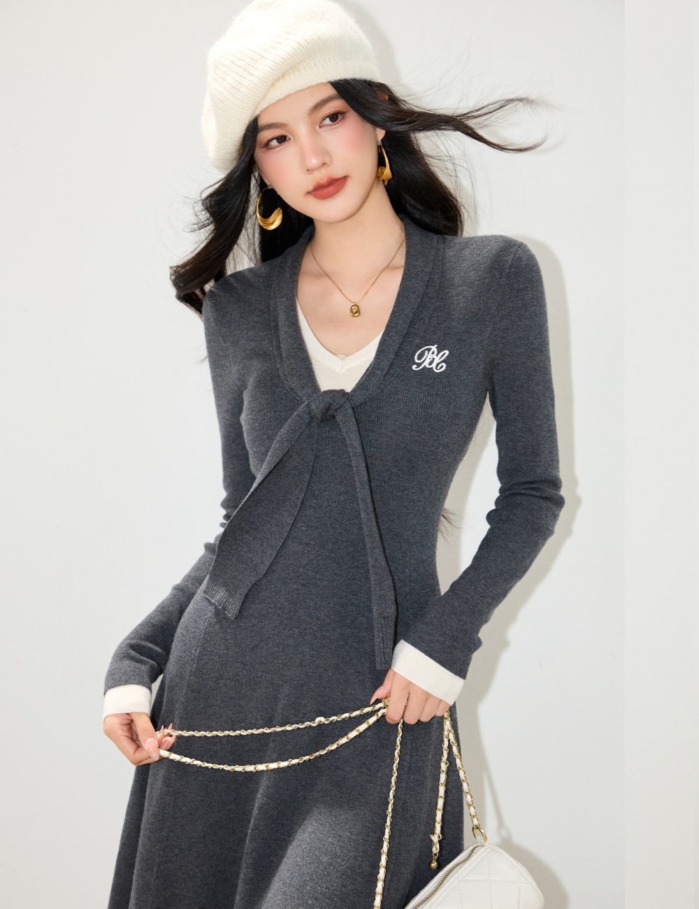 Gray temperament pinched waist T-back A-line slim dress