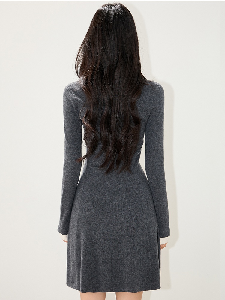Gray temperament pinched waist T-back A-line slim dress