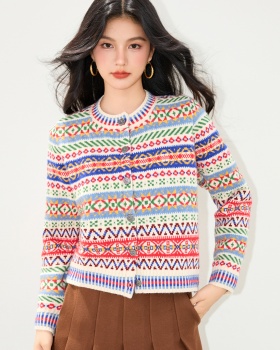 National style knitted retro tops autumn short coat for women