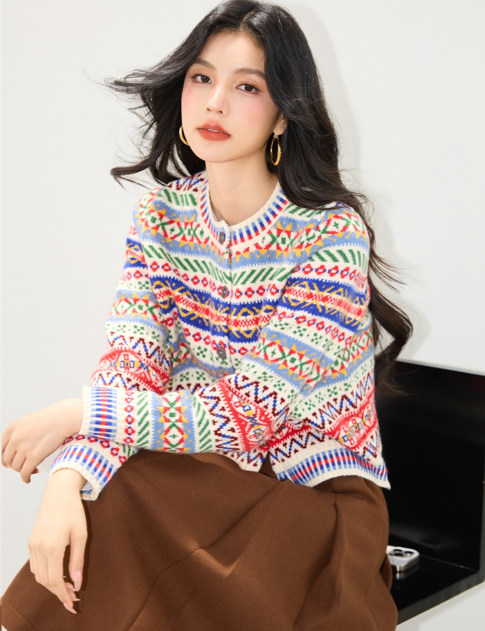 National style knitted retro tops autumn short coat for women