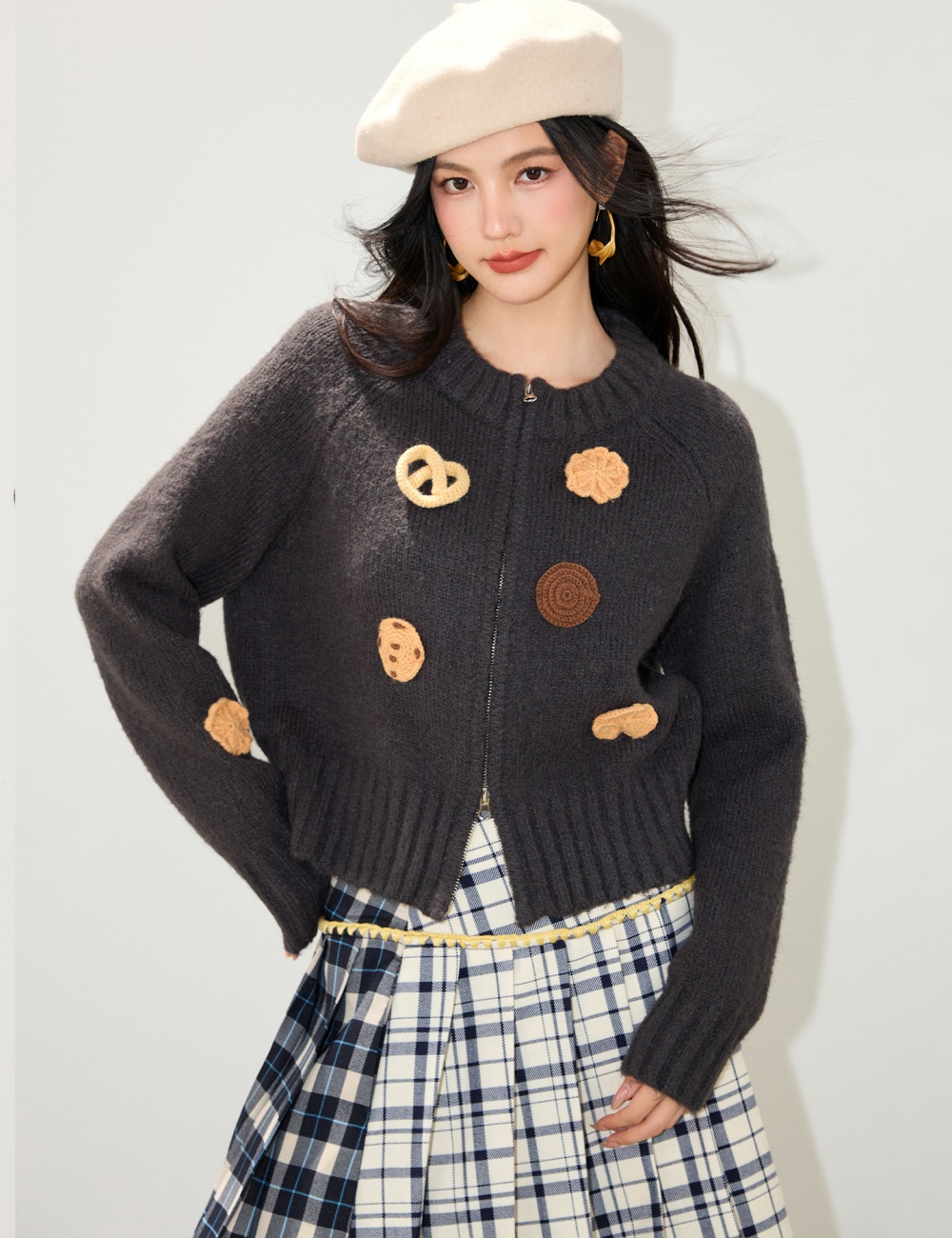 Zip crochet cardigan metal sweater