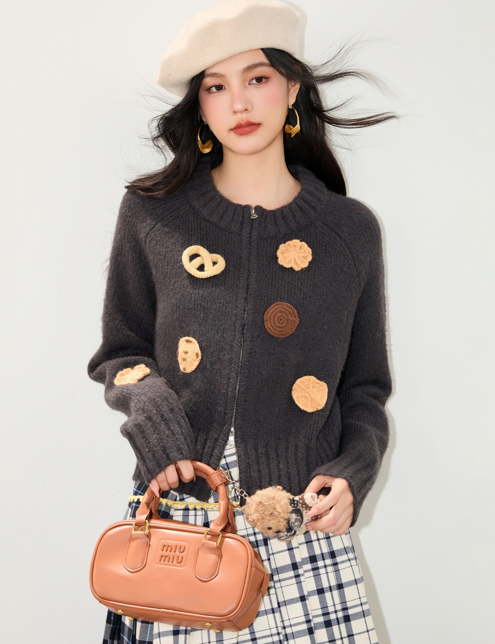 Zip crochet cardigan metal sweater
