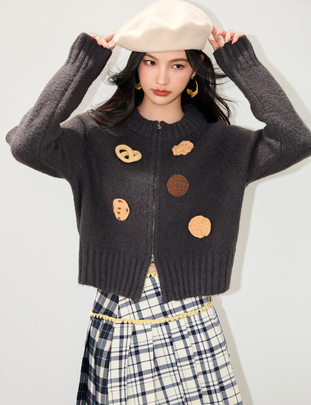 Zip crochet cardigan metal sweater