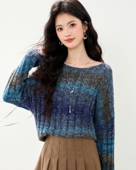 Blue short tops gradient autumn and winter sweater for women