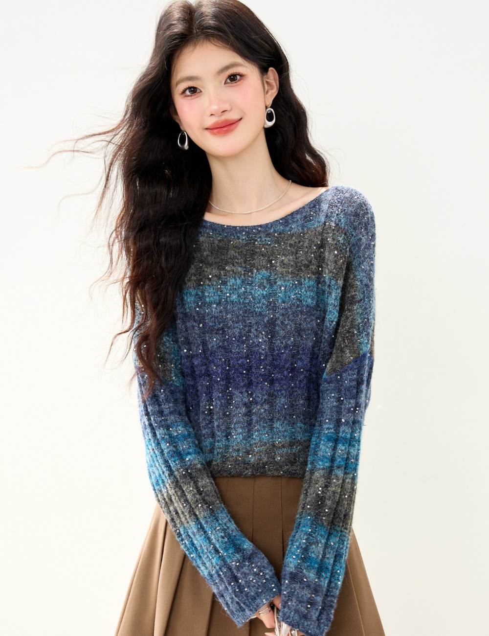 Blue short tops gradient autumn and winter sweater for women