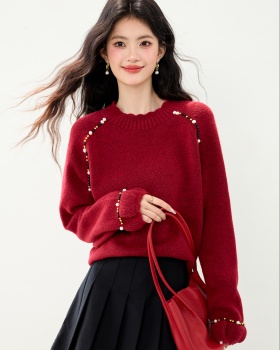 Beading red long sleeve temperament liangsi sweater