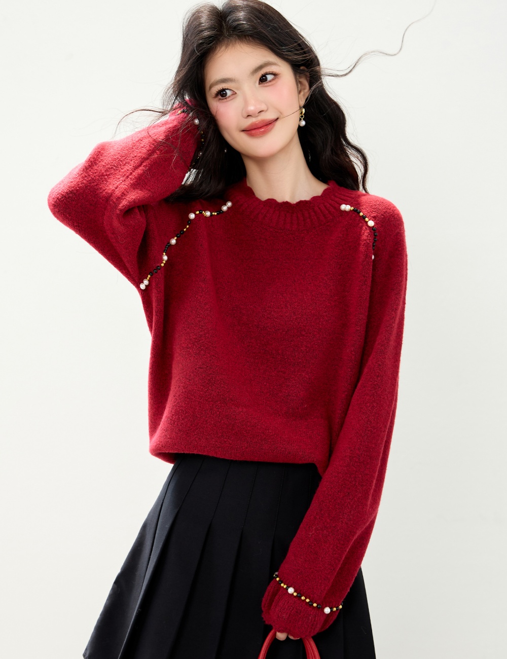 Beading red long sleeve temperament liangsi sweater