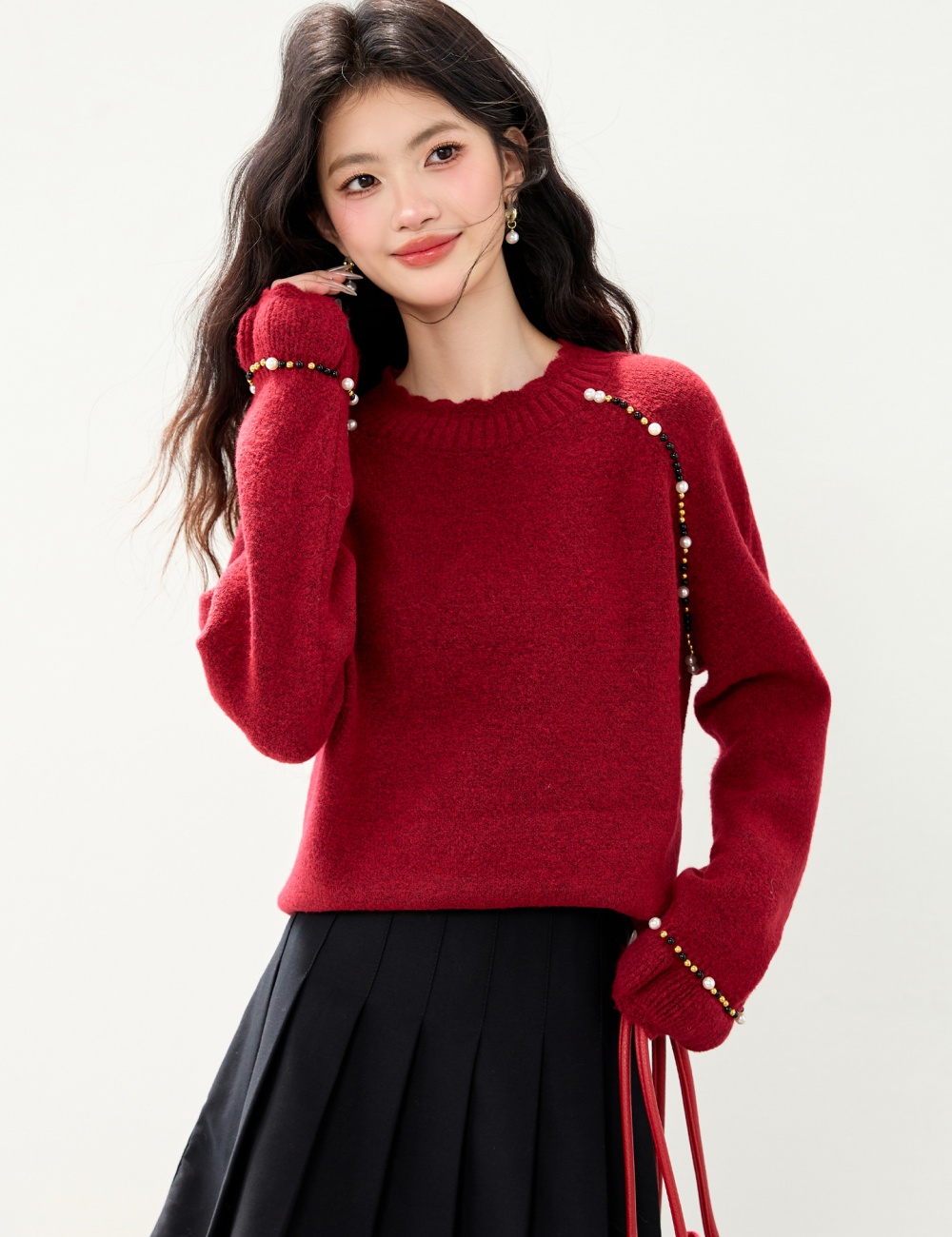 Beading red long sleeve temperament liangsi sweater