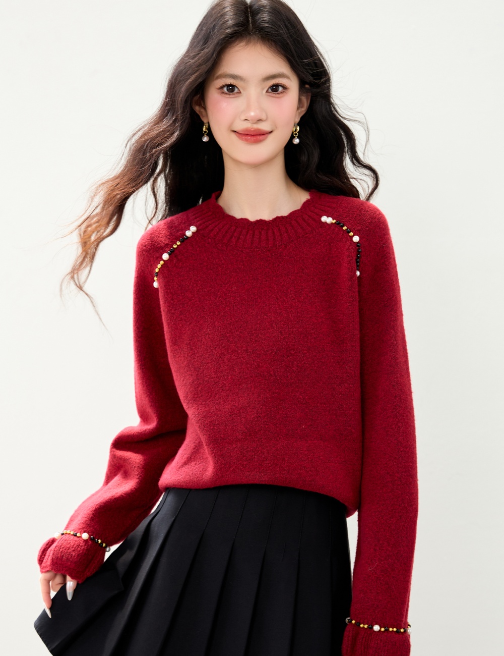 Beading red long sleeve temperament liangsi sweater