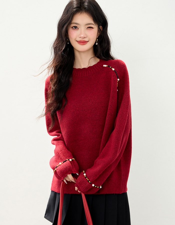 Beading red long sleeve temperament liangsi sweater