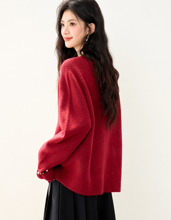Beading red long sleeve temperament liangsi sweater