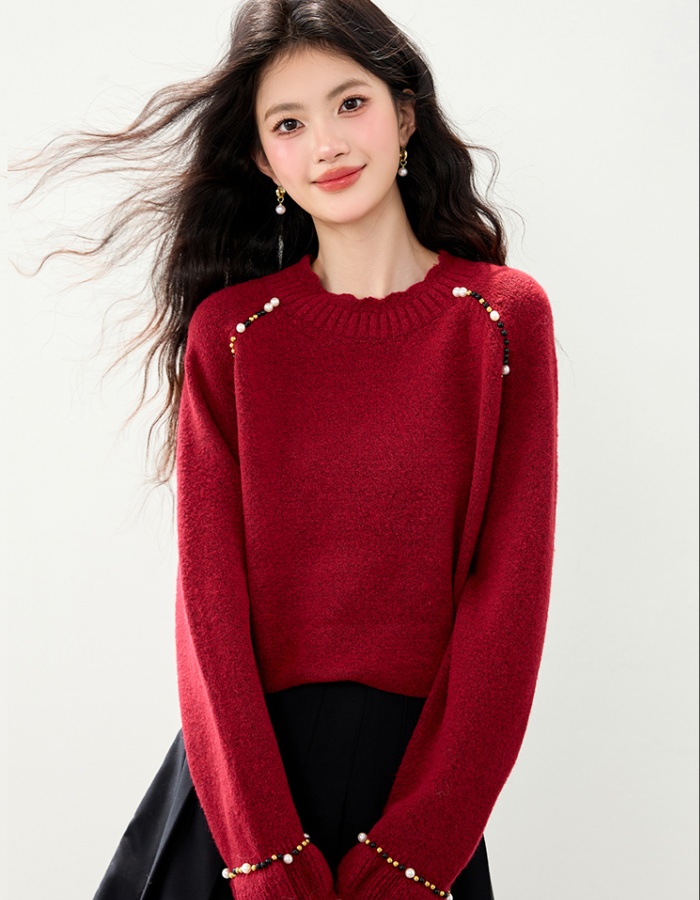Beading red long sleeve temperament liangsi sweater
