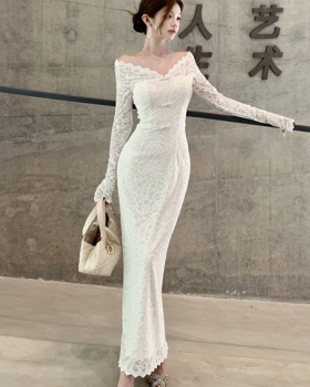 Flat shoulder lace bow temperament beautiful dress