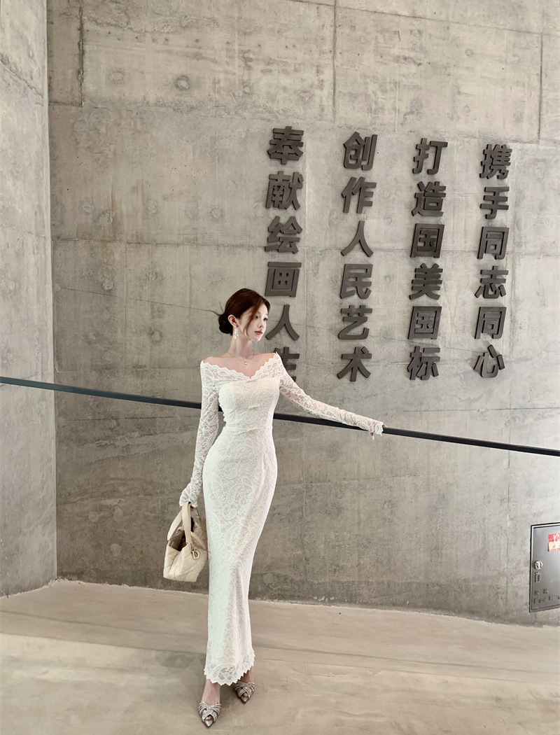 Flat shoulder lace bow temperament beautiful dress