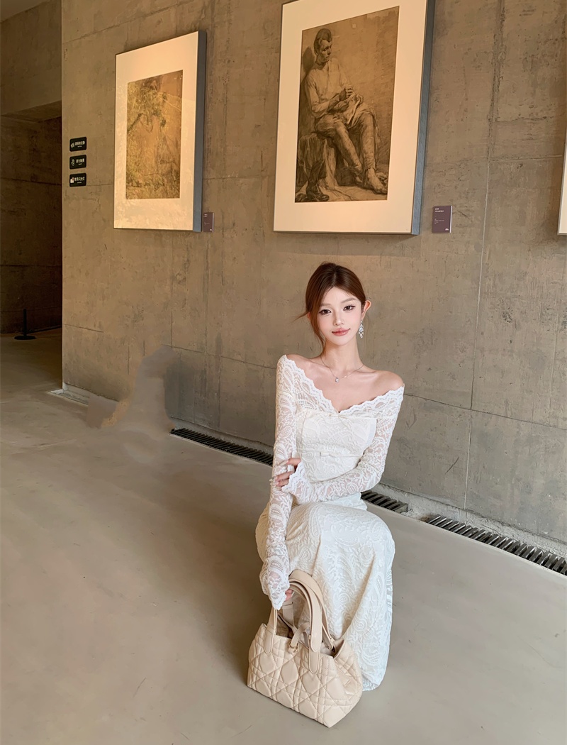 Flat shoulder lace bow temperament beautiful dress