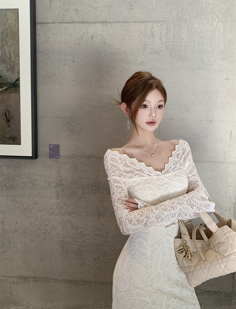 Flat shoulder lace bow temperament beautiful dress