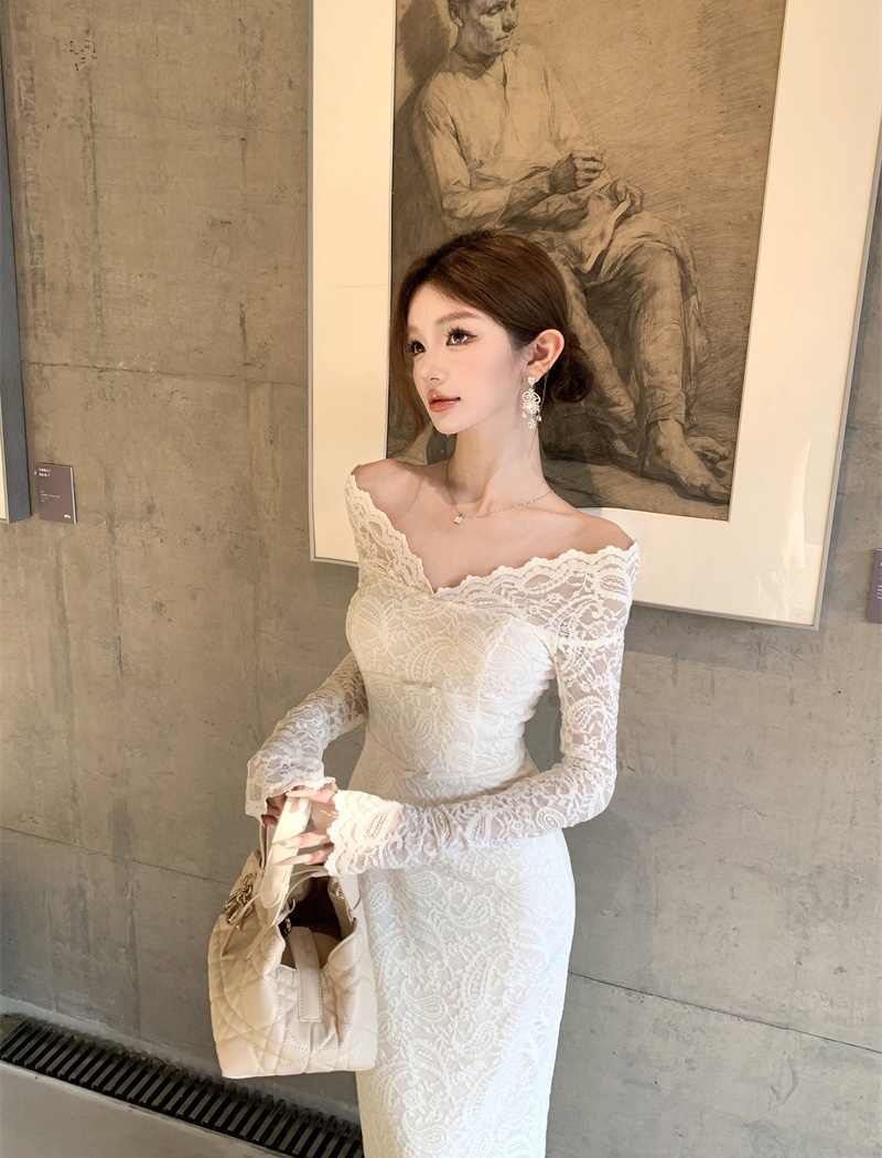 Flat shoulder lace bow temperament beautiful dress