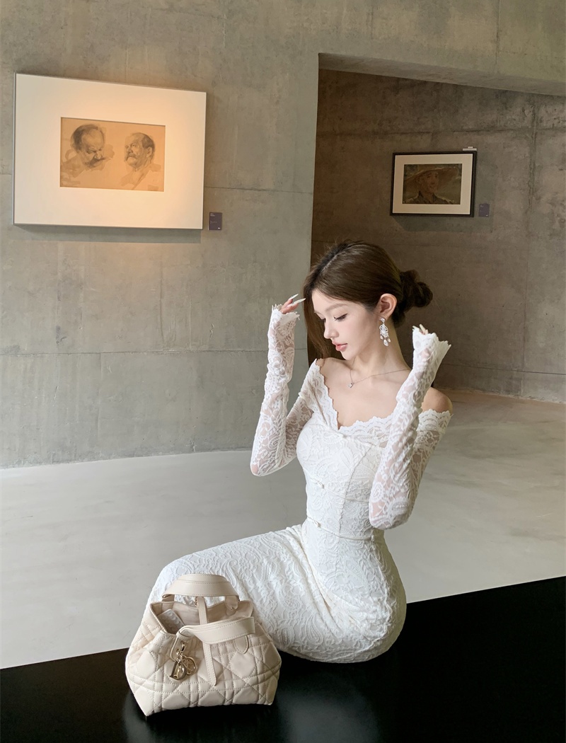 Flat shoulder lace bow temperament beautiful dress