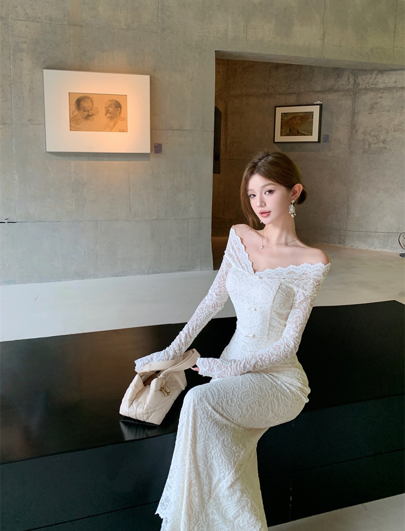 Flat shoulder lace bow temperament beautiful dress