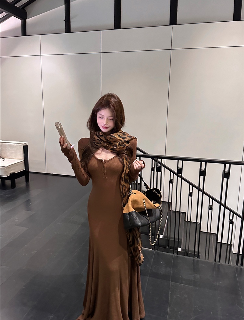 Slim all-match dress knitted autumn long dress for women