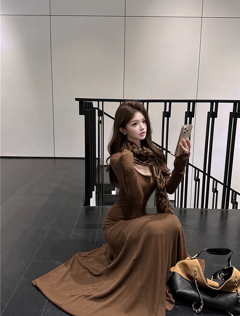 Slim all-match dress knitted autumn long dress for women