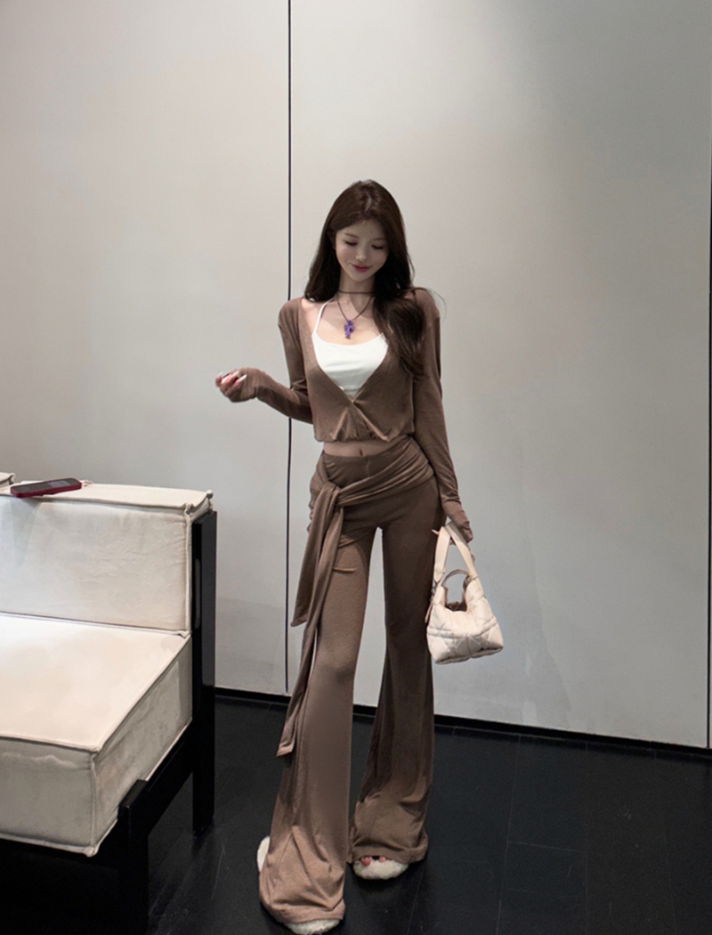 All-match tops halter long pants 2pcs set for women