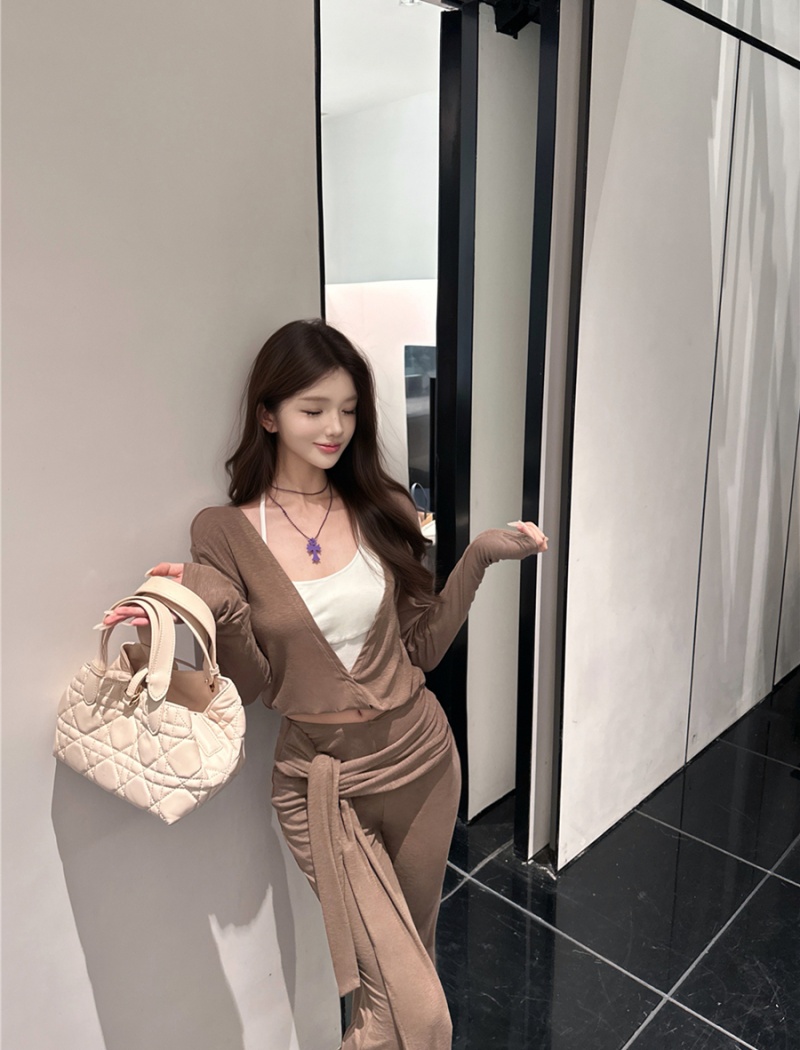 All-match tops halter long pants 2pcs set for women