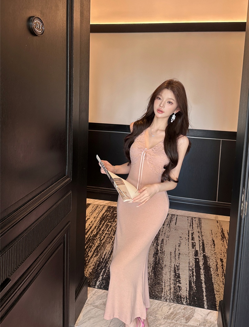 Lace France style knitted long dress sling elegant jumpsuit