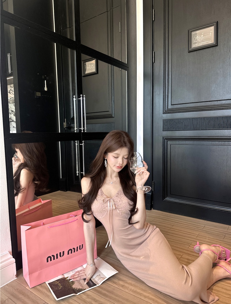 Lace France style knitted long dress sling elegant jumpsuit