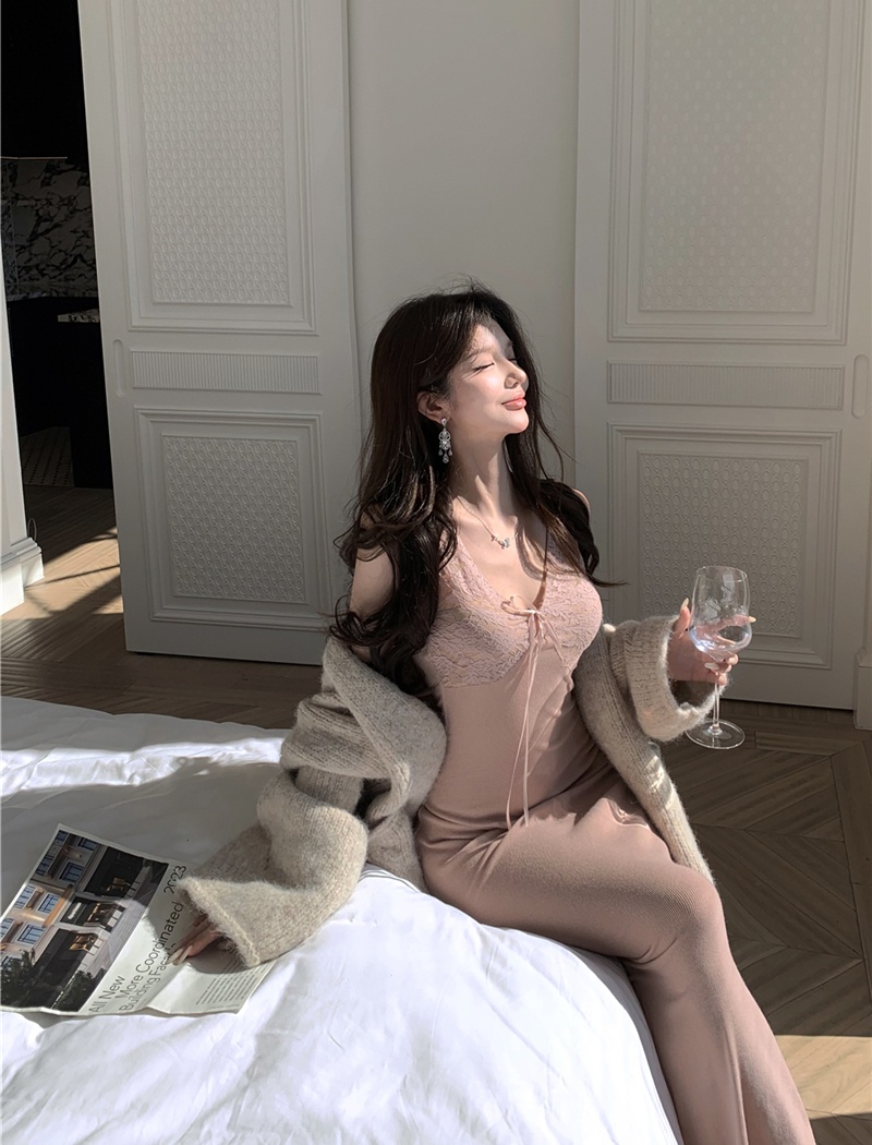 Lace France style knitted long dress sling elegant jumpsuit