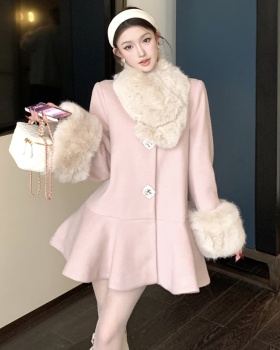 Woolen fur collar overcoat loose coat for women