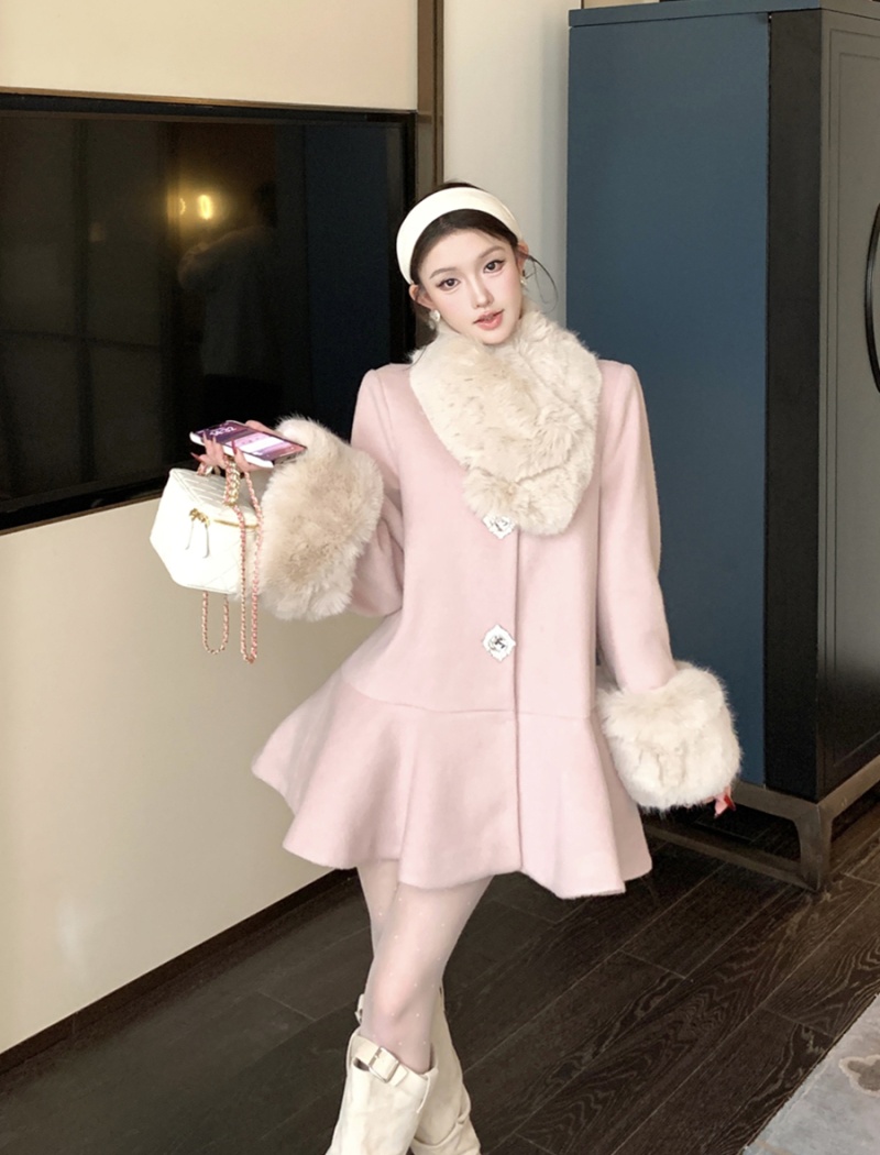 Woolen fur collar overcoat loose coat for women