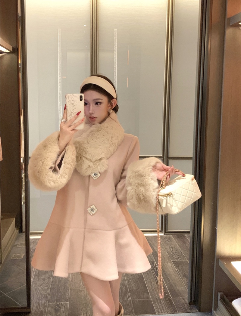 Woolen fur collar overcoat loose coat for women