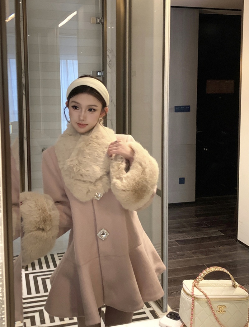 Woolen fur collar overcoat loose coat for women