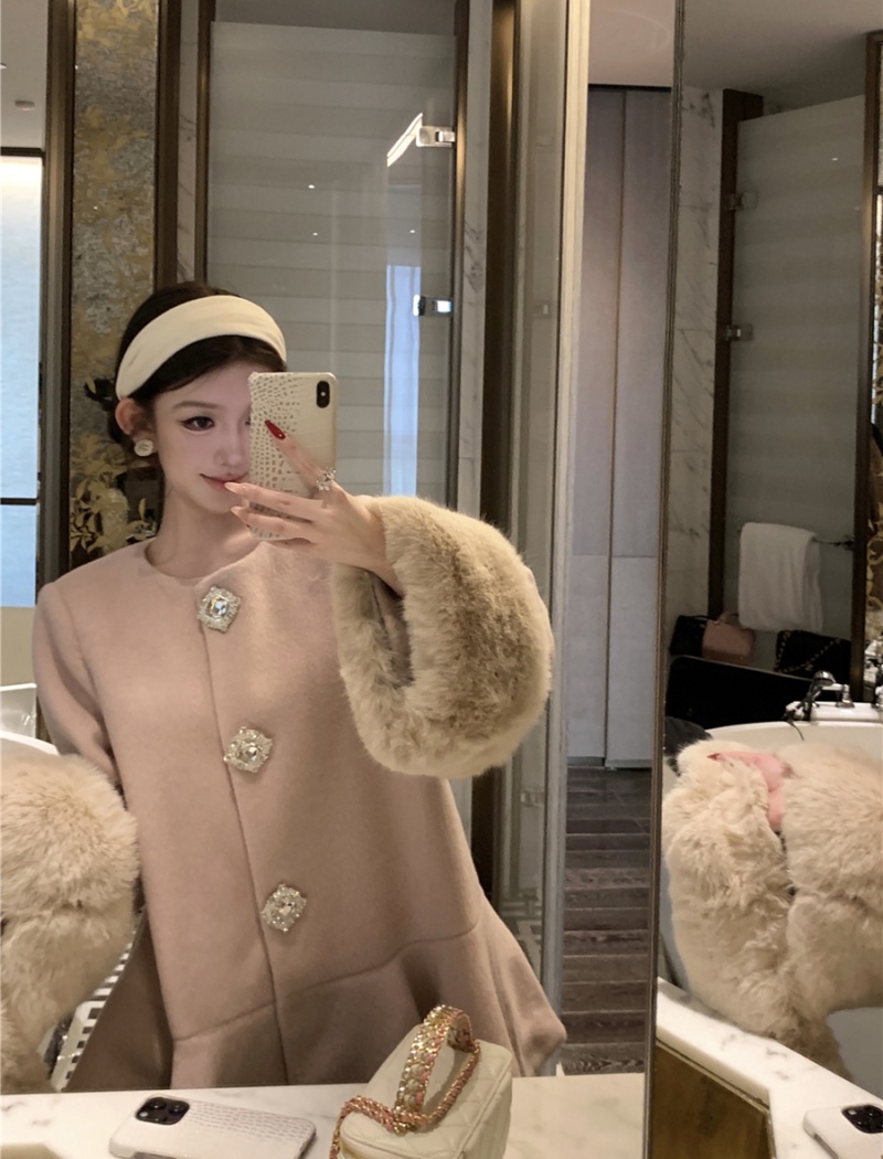 Woolen fur collar overcoat loose coat for women