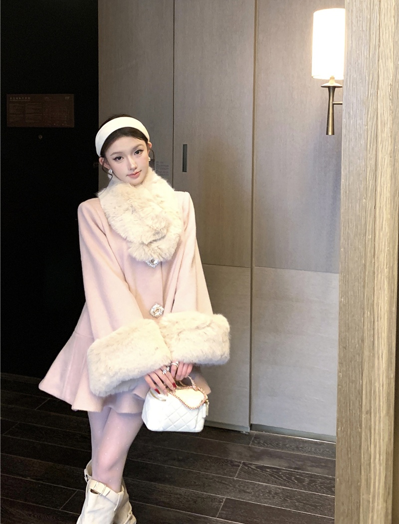 Woolen fur collar overcoat loose coat for women