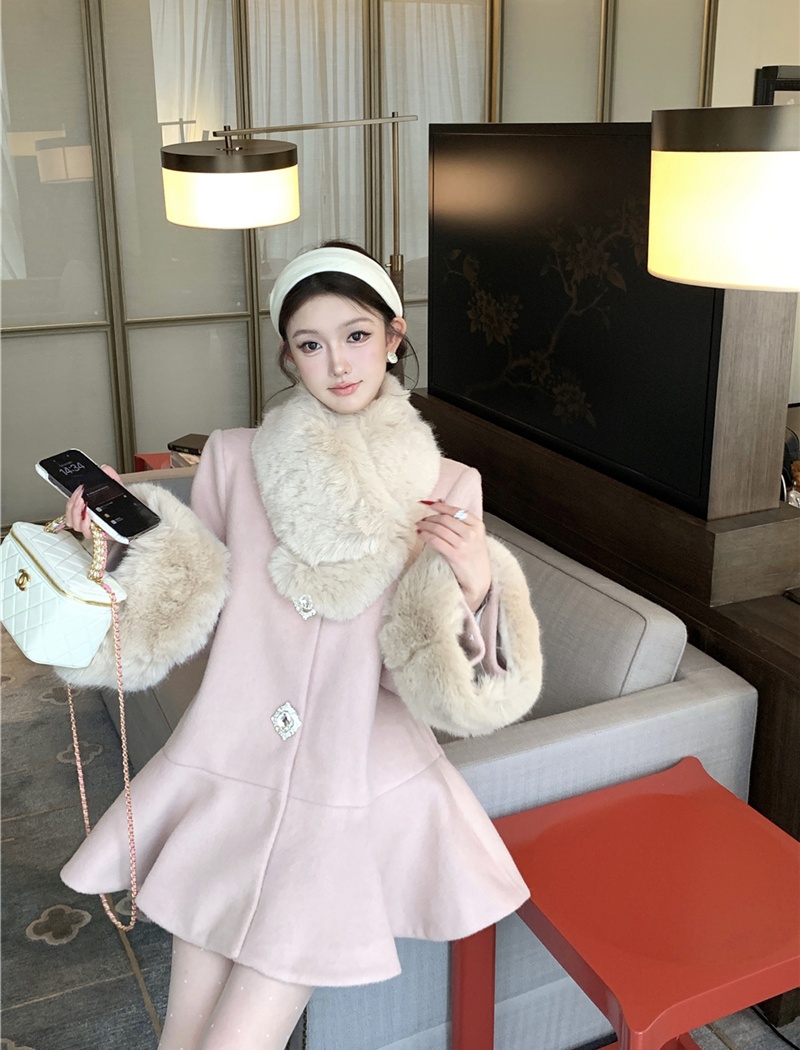 Woolen fur collar overcoat loose coat for women