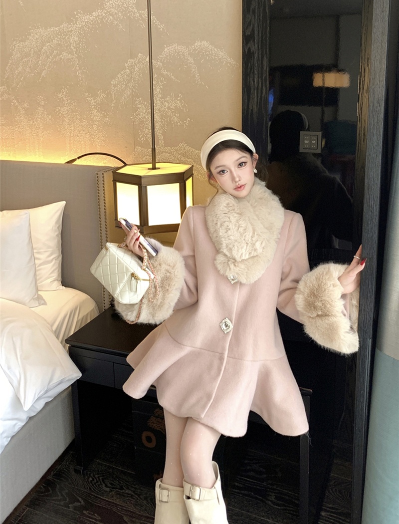 Woolen fur collar overcoat loose coat for women