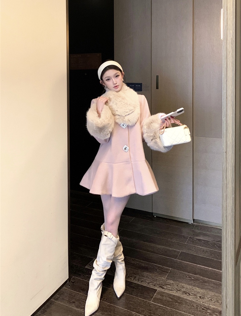 Woolen fur collar overcoat loose coat for women