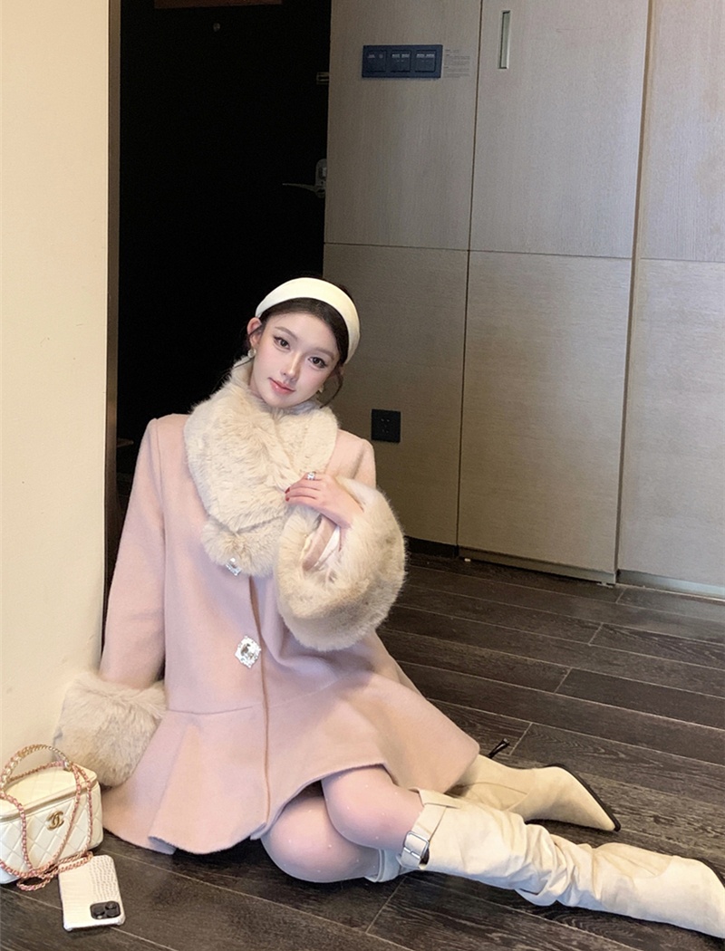 Woolen fur collar overcoat loose coat for women