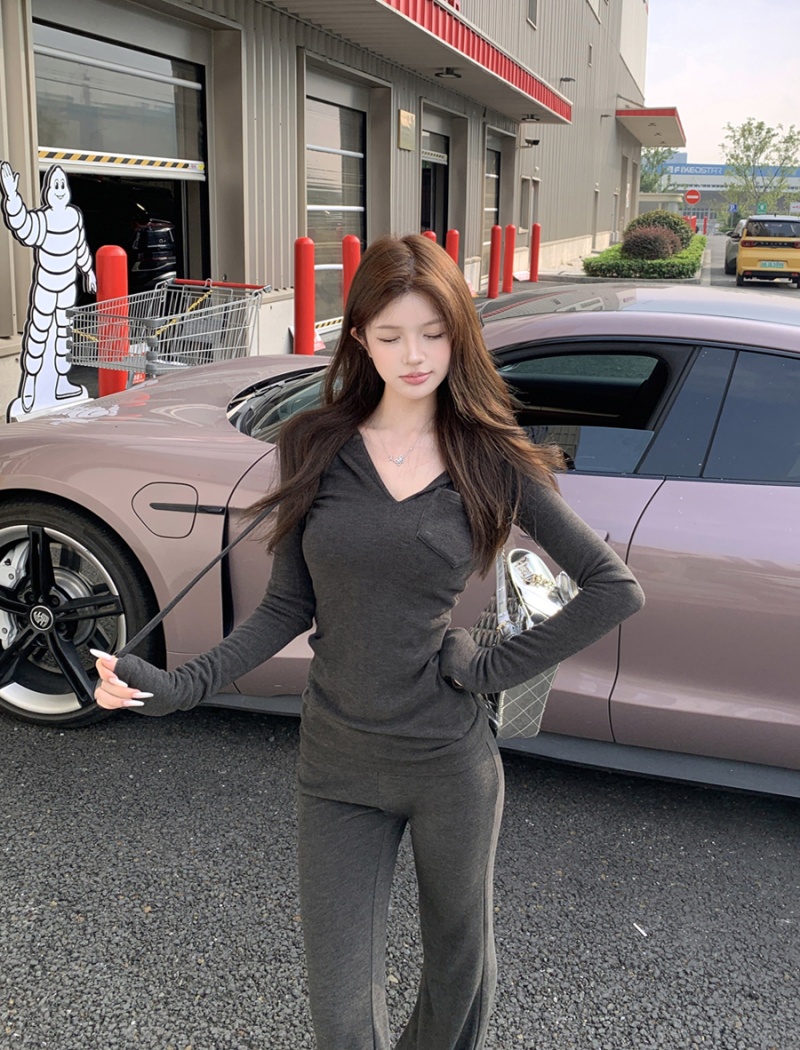 Pinched waist slim long pants autumn tops a set